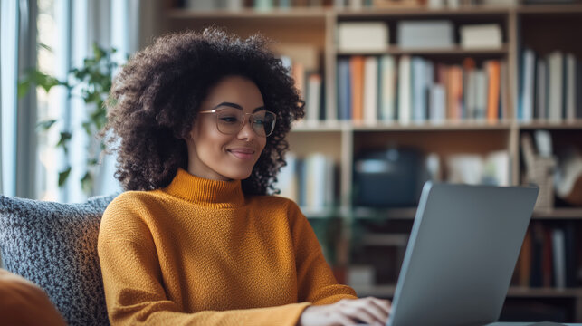 Smiling young woman in glasses working on laptop at home, sitting comfortably in front of a book-filled shelf. Casual and focused indoor environment. Natural light.