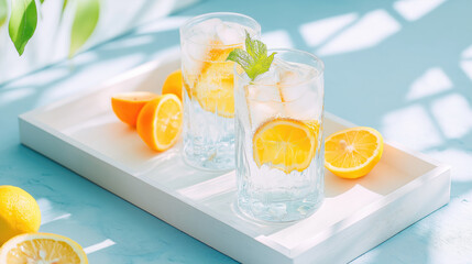 Refreshing ice lemonade with slices of lemon in sunlight on blue background
