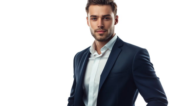Male entrepreneur in modern slim-fit suit, slightly turned, isolated on white studio background, cinematic lighting, PNG