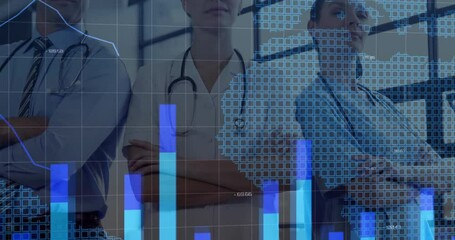 After shot medical team standing with grid, rising bars and map lines illustrating health data - Powered by Adobe