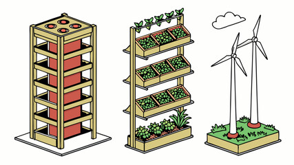 Vibrant Vector Art of Pixelated Vertical Farm with Green Energy Focus  