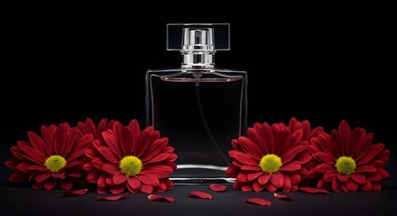 Elegant Perfume Bottle Surrounded by Red Flowers