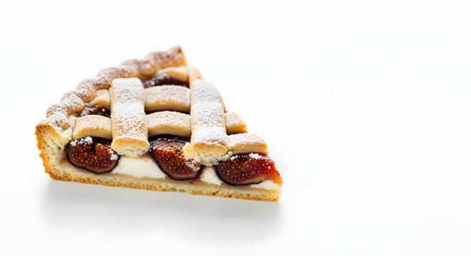 A slice of cherry pie with a lattice crust and powdered sugar on top. The pie is placed on a white background, highlighting its texture and color. - Powered by Adobe
