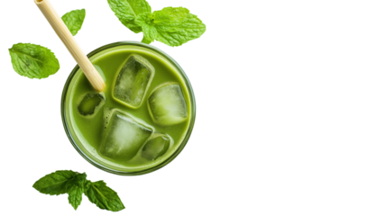 Top view of iced matcha latte in glass with bamboo straw and mint, fresh summer drink, white background, PNG