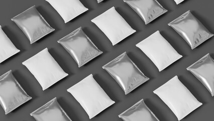 3 Plastic sachet packaging mockup on grey background. 3D rendering illustration