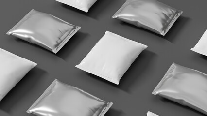 4 3d render of white plastic sachet packaging mockup on gray background