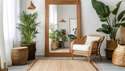 Modern bohemian interior. Rug, wicker chair, and large mirror