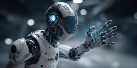 Fototapeta premium Futuristic robot hand reaching. Cyberpunk style, digital art. Ideal for tech, AI, and science fiction projects. Use in websites, presentations, and more.