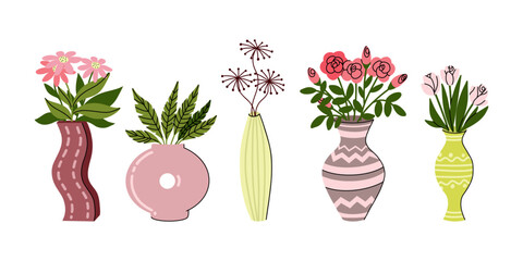 Hand drawn flat vector illustration with set of vases with delicate pink and red flowers and green leaves. 