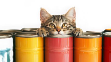 Cat peeking from colorful cans, playful and curious expression