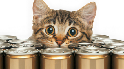 Curious cat peeking behind canned food, playful pet concept