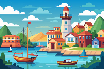 Coastal boats dot the serene blue sea, near a sun-drenched Greek island town with a vibrant port and clear summer sky