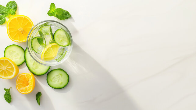 Refreshing lemon and cucumber infused water with fresh mint on white background