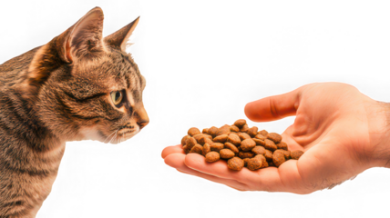 Cat looking at dry pet food in human hand, curious expression