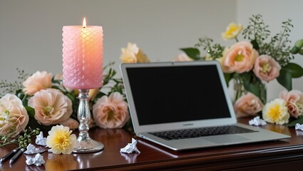 bouquet of roses and computer