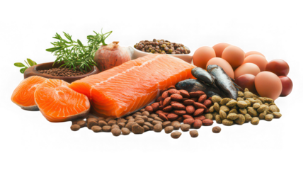 Assorted fresh salmon, eggs, herbs, and dry pet food for dog