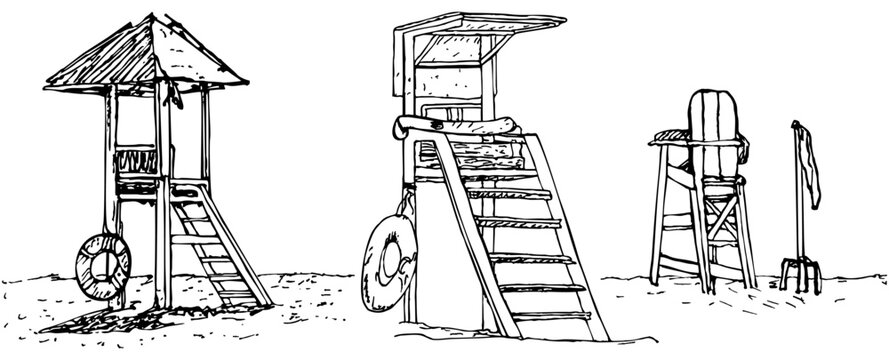 Sketches of rescue towers on the shore, rescue service