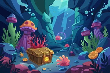 Cartoon fish swim in a vibrant ocean scene with coral reefs, blue water, and playful bubbles, perfect for an aquarium illustration or marine life design