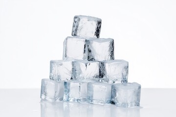Obraz premium Pyramid-shaped ice cubes stack on pure white backdrop, high-key lighting with abundant text space, ideal for beverage ads or summer-themed promotions.