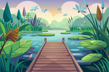 Tropical beach paradise with palm trees and a pond, perfect for summer travel