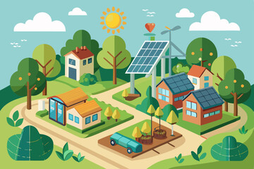 Vector isometric illustration of a city landscape with houses, buildings, trees, and roads, depicting urban and village architecture