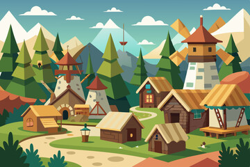 Picturesque houses dotting a mountain landscape with forest trees, a charming village illustration in nature's embrace under a summer sky