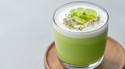 Refreshing iced matcha latte with lime and foam in glass on wooden tray
