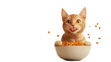 Cute orange cat with playful expression eating dry pet food white