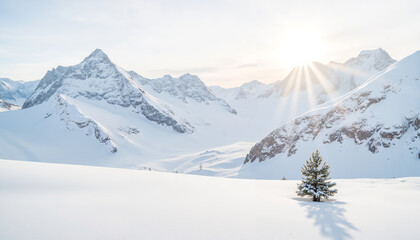 Snowy mountain landscape with lone tree under sunlight  