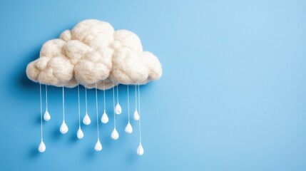 A soft, fluffy white cloud made of wool hangs against a blue background, with yarn raindrops dangling beneath it.