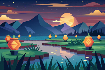 Camping landscape vector with mountains, sun, and moon in a desert night with a silhouette of a tent and tree by the water