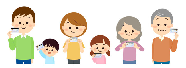 マイナンバーカードを手に持つ人々
