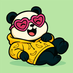 A joyful panda lies on its back laughing, wearing pink heart glasses and a loose hoodie with banana prints, set against a solid pale green background.