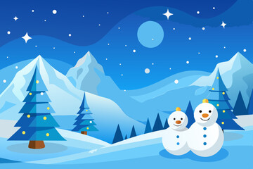 Festive winter landscape Christmas card with a snowman, tree, and snowflakes, perfect for holiday season greetings