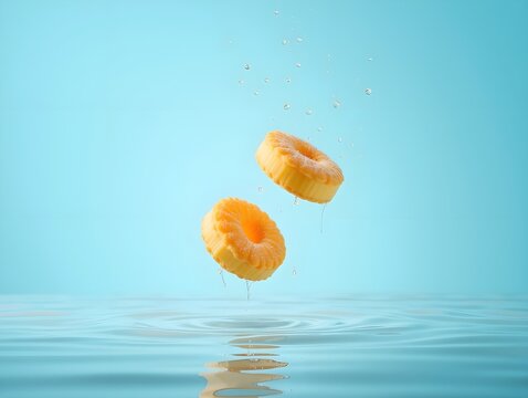 Levitation food shot of Kataifi pastry falling into water, against a blue sky. Recipe ad material