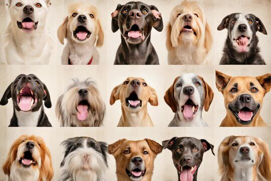 Many dogs of different breeds looking at camera