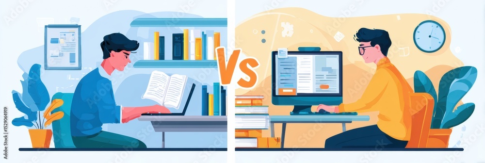 Poster comparison of traditional and online learning methods highlighting e-learning benefits in a modern i
