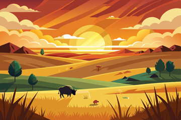 Golden sunset landscape with sun over mountains and field, vibrant sky and clouds