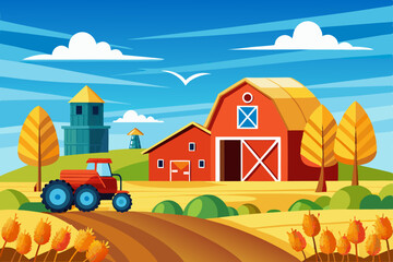 Rural autumn landscape with a charming farm house, barn, and trees under a cloudy sky