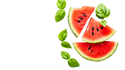 Stack of watermelon slices with fresh basil on white surface, top view, vibrant colors, PNG