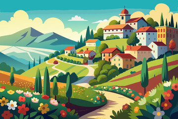 European summer landscape with a green mountain village and a majestic castle under a cloudy sky