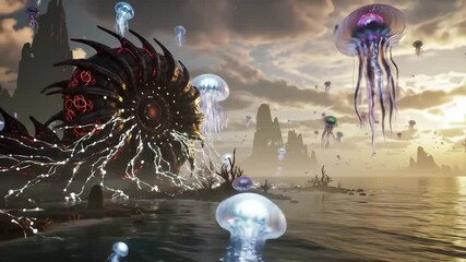 Alien Biomechanical Seascape with Floating Entities and Pulsing Networks - Powered by Adobe