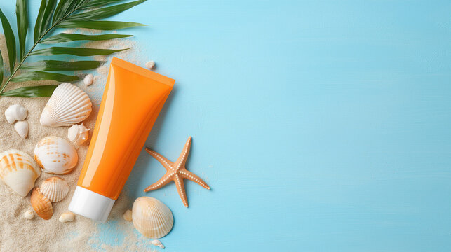 Orange sunscreen tube on beach sand with seashells and palm leaf against blue background