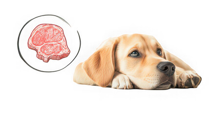 Dog lying down with sad expression, raw meat illustration
