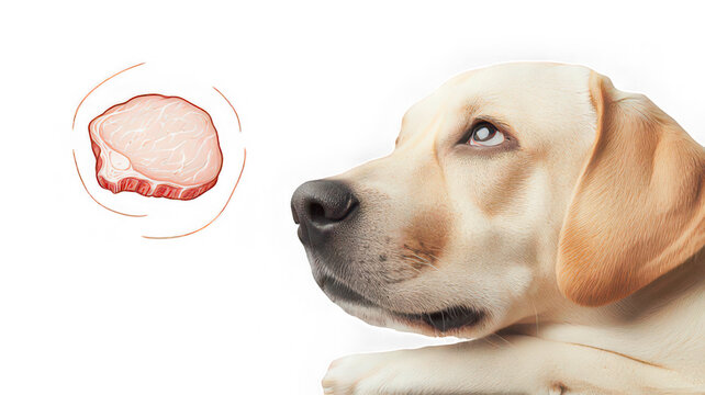 Dog looking raw meat with anticipation, isolated transparency