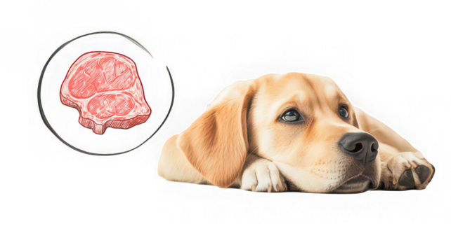 Dog lying down with sad expression, raw meat illustration