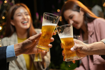 food and drink male friends are happy drinking beer and clinking glasses at a bar or pub.