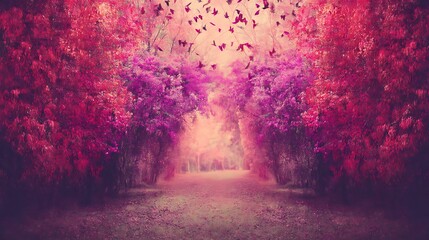 Path through fantasy pink and red forest