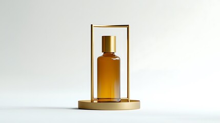 Bronze and gold tone cylinder stand with minimal bottle and abstract structure layout