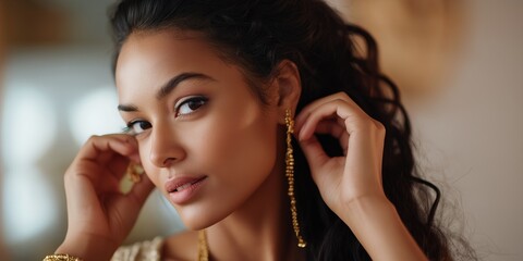 Obraz premium Young hispanic woman adjusting earrings with curly hair and elegant jewelry